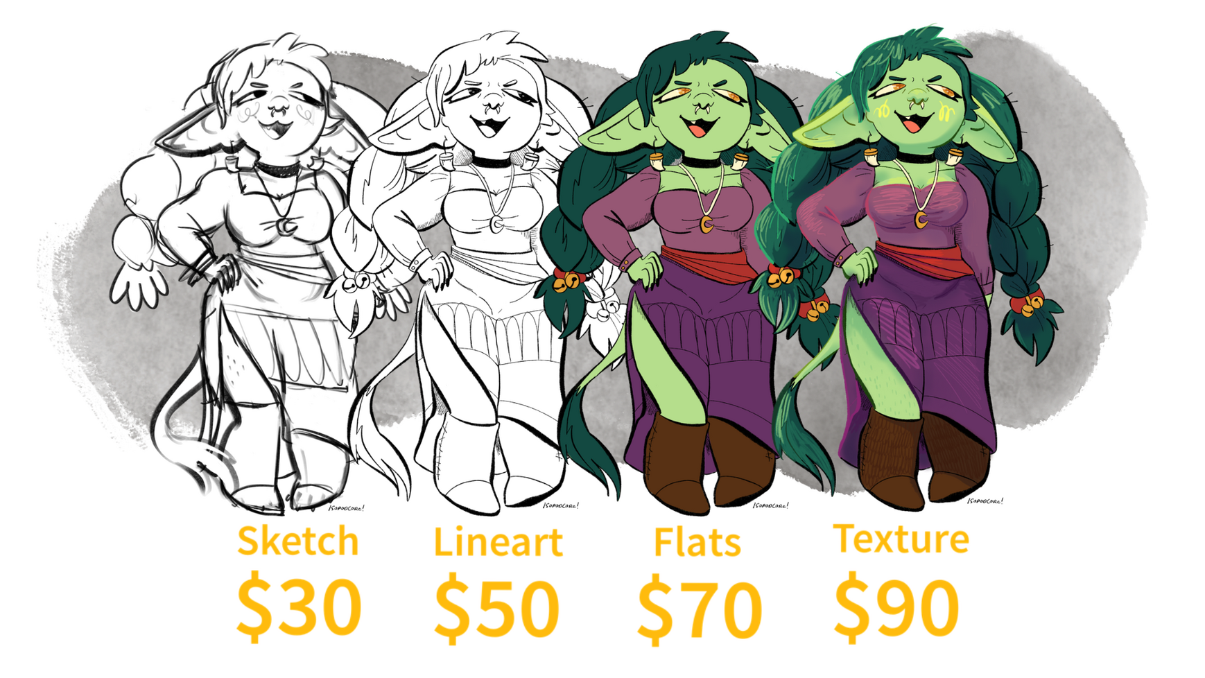 Sketch $30. Lineart $50. Flats $70. Texture $90.